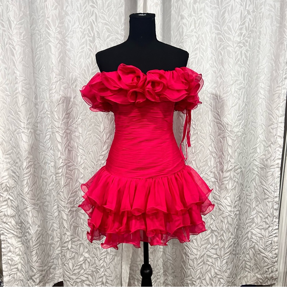 Pink Sherri hill of the shoulder ruffle dress